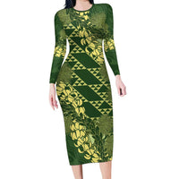 Green Aloha Hawaii Long Sleeve Bodycon Dress Hawaiian Kakau Ohia Lehua Lei - Polynesian Pride