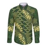 Green Aloha Hawaii Long Sleeve Button Shirt Hawaiian Kakau Ohia Lehua Lei - Polynesian Pride