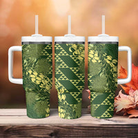 Green Aloha Hawaii Tumbler With Handle Hawaiian Kakau Ohia Lehua Lei - Polynesian Pride