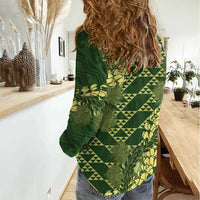 Green Aloha Hawaii Women Casual Shirt Hawaiian Kakau Ohia Lehua Lei - Polynesian Pride