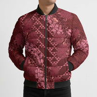Maroon Aloha Hawaii Bomber Puffer Jacket Hawaiian Kakau Ohia Lehua Lei - Polynesian Pride
