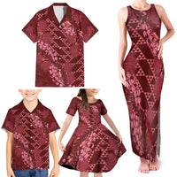 Maroon Aloha Hawaii Family Matching Tank Maxi Dress and Hawaiian Shirt Hawaiian Kakau Ohia Lehua Lei - Polynesian Pride