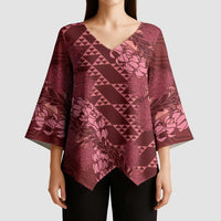 Maroon Aloha Hawaii Kimono Sleeve Blouse Hawaiian Kakau Ohia Lehua Lei - Polynesian Pride