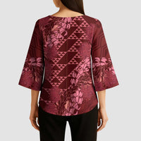 Maroon Aloha Hawaii Kimono Sleeve Blouse Hawaiian Kakau Ohia Lehua Lei - Polynesian Pride