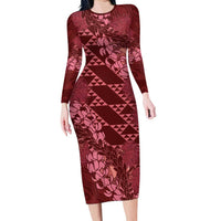 Maroon Aloha Hawaii Long Sleeve Bodycon Dress Hawaiian Kakau Ohia Lehua Lei - Polynesian Pride