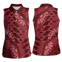 Maroon Aloha Hawaii Women Sleeveless Polo Shirt Hawaiian Kakau Ohia Lehua Lei - Polynesian Pride