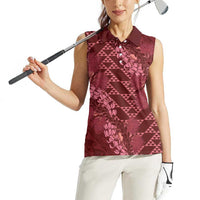 Maroon Aloha Hawaii Women Sleeveless Polo Shirt Hawaiian Kakau Ohia Lehua Lei - Polynesian Pride