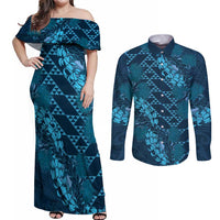 Naval Night Aloha Hawaii Couples Matching Off Shoulder Maxi Dress and Long Sleeve Button Shirt Hawaiian Kakau Ohia Lehua Lei - Polynesian Pride