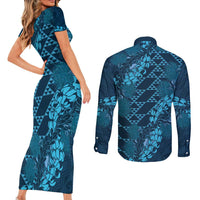 Naval Night Aloha Hawaii Couples Matching Short Sleeve Bodycon Dress and Long Sleeve Button Shirt Hawaiian Kakau Ohia Lehua Lei - Polynesian Pride