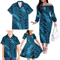 Naval Night Aloha Hawaii Family Matching Off The Shoulder Long Sleeve Dress and Hawaiian Shirt Hawaiian Kakau Ohia Lehua Lei - Polynesian Pride