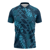 Naval Night Aloha Hawaii Zipper Polo Shirt Hawaiian Kakau Ohia Lehua Lei - Polynesian Pride