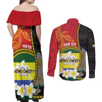 Personalised PNG Morobe Provins Couples Matching Off Shoulder Maxi Dress and Long Sleeve Button Shirt Papua New Guinea Plumeria Melanesian Pattern - Polynesian Pride