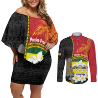 Personalised PNG Morobe Provins Couples Matching Off Shoulder Short Dress and Long Sleeve Button Shirt Papua New Guinea Plumeria Melanesian Pattern - Polynesian Pride