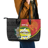 Personalised PNG Morobe Provins Leather Tote Bag Papua New Guinea Plumeria Melanesian Pattern - Polynesian Pride