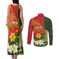 Personalised PNG Isten Hailans Provins Couples Matching Tank Maxi Dress and Long Sleeve Button Shirt Papua New Guinea Plumeria Melanesian Pattern - Polynesian Pride