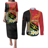 Personalised PNG Sauten Hailans Couples Matching Puletasi and Long Sleeve Button Shirt Papua New Guinea Plumeria Melanesian Pattern - Polynesian Pride