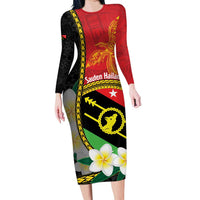 Personalised PNG Sauten Hailans Long Sleeve Bodycon Dress Papua New Guinea Plumeria Melanesian Pattern - Polynesian Pride