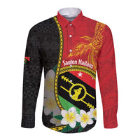 Personalised PNG Sauten Hailans Long Sleeve Button Shirt Papua New Guinea Plumeria Melanesian Pattern - Polynesian Pride