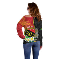 Personalised PNG Sauten Hailans Off Shoulder Sweater Papua New Guinea Plumeria Melanesian Pattern - Polynesian Pride