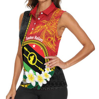 Personalised PNG Sauten Hailans Women Sleeveless Polo Shirt Papua New Guinea Plumeria Melanesian Pattern - Polynesian Pride
