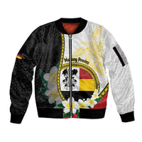Personalised PNG Madang Provins Sleeve Zip Bomber Jacket Papua New Guinea Plumeria Melanesian Pattern - Polynesian Pride