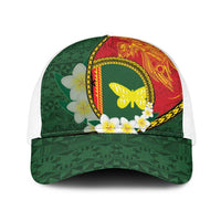 PNG Oro Provins Baseball Net Cap Papua New Guinea Plumeria Melanesian Pattern LT14 One Size White Green - Polynesian Pride