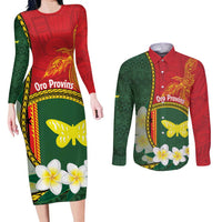 Personalised PNG Oro Provins Couples Matching Long Sleeve Bodycon Dress and Long Sleeve Button Shirt Papua New Guinea Plumeria Melanesian Pattern - Polynesian Pride