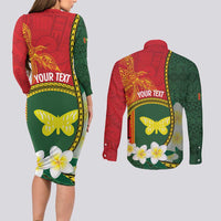 Personalised PNG Oro Provins Couples Matching Long Sleeve Bodycon Dress and Long Sleeve Button Shirt Papua New Guinea Plumeria Melanesian Pattern - Polynesian Pride