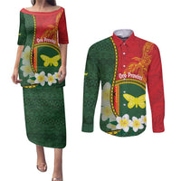 Personalised PNG Oro Provins Couples Matching Puletasi and Long Sleeve Button Shirt Papua New Guinea Plumeria Melanesian Pattern - Polynesian Pride