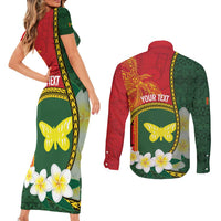 Personalised PNG Oro Provins Couples Matching Short Sleeve Bodycon Dress and Long Sleeve Button Shirt Papua New Guinea Plumeria Melanesian Pattern - Polynesian Pride