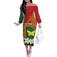 Personalised PNG Oro Provins Off The Shoulder Long Sleeve Dress Papua New Guinea Plumeria Melanesian Pattern - Polynesian Pride