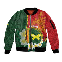 Personalised PNG Oro Provins Sleeve Zip Bomber Jacket Papua New Guinea Plumeria Melanesian Pattern LT14 Unisex Green - Polynesian Pride