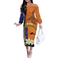 Personalised PNG Niu Ailan Family Matching Off The Shoulder Long Sleeve Dress and Hawaiian Shirt Papua New Guinea Plumeria Melanesian Pattern - Polynesian Pride