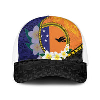 PNG Niu Ailan Mesh Trucker Cap Papua New Guinea Plumeria Melanesian Pattern LT14 One Size White Orange - Polynesian Pride