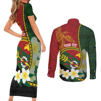 Personalised PNG Simbu Provins Couples Matching Short Sleeve Bodycon Dress and Long Sleeve Button Shirt Papua New Guinea Plumeria Melanesian Pattern - Polynesian Pride
