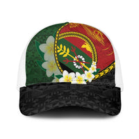PNG Simbu Provins Mesh Trucker Cap Papua New Guinea Plumeria Melanesian Pattern LT14 One Size White Green - Polynesian Pride