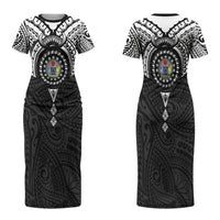 Cook Islands Manta Ray Couples Matching Short Sleeve Bodycon Dress and Hawaiian Shirt Kuki Airani Tattoo Black Color LT14 - Polynesian Pride