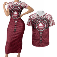 Personalised Cook Islands Mangaia Couples Matching Short Sleeve Bodycon Dress and Hawaiian Shirt Map With Kuki Airani Manta Ray Tattoo LT14 Maroon - Polynesian Pride