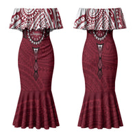Personalised Cook Islands Mangaia Family Matching Mermaid Dress and Hawaiian Shirt Map With Kuki Airani Manta Ray Tattoo LT14 Mom's Dress Maroon - Polynesian Pride