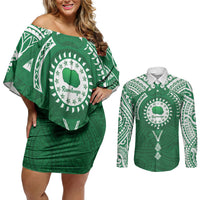 Personalised Cook Islands Rarotonga Couples Matching Off Shoulder Short Dress and Long Sleeve Button Shirt Map With Kuki Airani Manta Ray Tattoo LT14 Green - Polynesian Pride