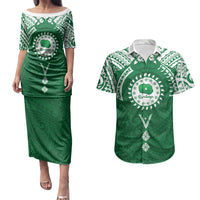 Personalised Cook Islands Rarotonga Couples Matching Puletasi and Hawaiian Shirt Map With Kuki Airani Manta Ray Tattoo LT14 Green - Polynesian Pride