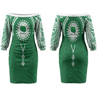 Personalised Cook Islands Rarotonga Family Matching Off The Shoulder Long Sleeve Dress and Hawaiian Shirt Map With Kuki Airani Manta Ray Tattoo LT14 Mom's Dress Green - Polynesian Pride