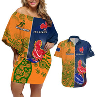 France And Australia Rugby Couples Matching Off Shoulder Short Dress and Hawaiian Shirt 2023 World Cup Le Bleus Wallabies Together LT14 Gold - Polynesian Pride
