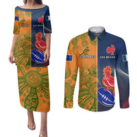 France And Australia Rugby Couples Matching Puletasi Dress and Long Sleeve Button Shirts 2023 World Cup Le Bleus Wallabies Together LT14 Gold - Polynesian Pride