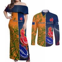 Custom France And Australia Rugby Couples Matching Off Shoulder Maxi Dress and Long Sleeve Button Shirts 2023 World Cup Le Bleus Wallabies Together LT14 Gold - Polynesian Pride
