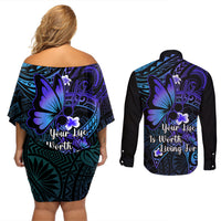 Polynesia Suicide Prevention Awareness Couples Matching Off Shoulder Short Dress and Long Sleeve Button Shirts Your Life Is Worth Living For Polynesian Purple Pattern LT14 - Polynesian Pride