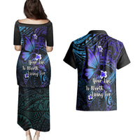 Polynesia Suicide Prevention Awareness Couples Matching Puletasi Dress and Hawaiian Shirt Your Life Is Worth Living For Polynesian Purple Pattern LT14 - Polynesian Pride
