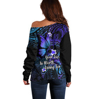 Polynesia Suicide Prevention Awareness Off Shoulder Sweater Your Life Is Worth Living For Polynesian Purple Pattern LT14 - Polynesian Pride