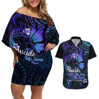 Polynesia Suicide Prevention Awareness Couples Matching Off Shoulder Short Dress and Hawaiian Shirt Your Life Is Worth Living For Polynesian Blue Pattern LT14 Gold - Polynesian Pride