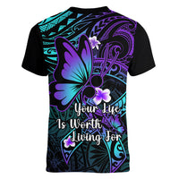 Polynesia Suicide Prevention Awareness Women V Neck T Shirt Your Life Is Worth Living For Polynesian Blue Pattern LT14 - Polynesian Pride